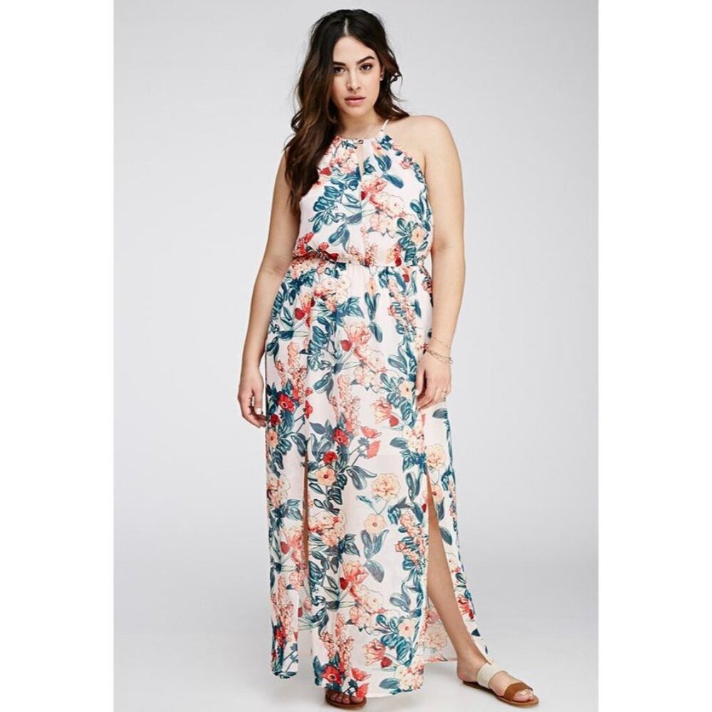Forever 21 Plus NWT Floral Chiffon Halter Dress in Blush Coral size 3X